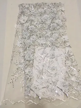 

2018 Latest French Nigerian Laces Fabrics Beaded Rhinestones Tulle African Laces Fabric Wedding African French Tulle Lace White