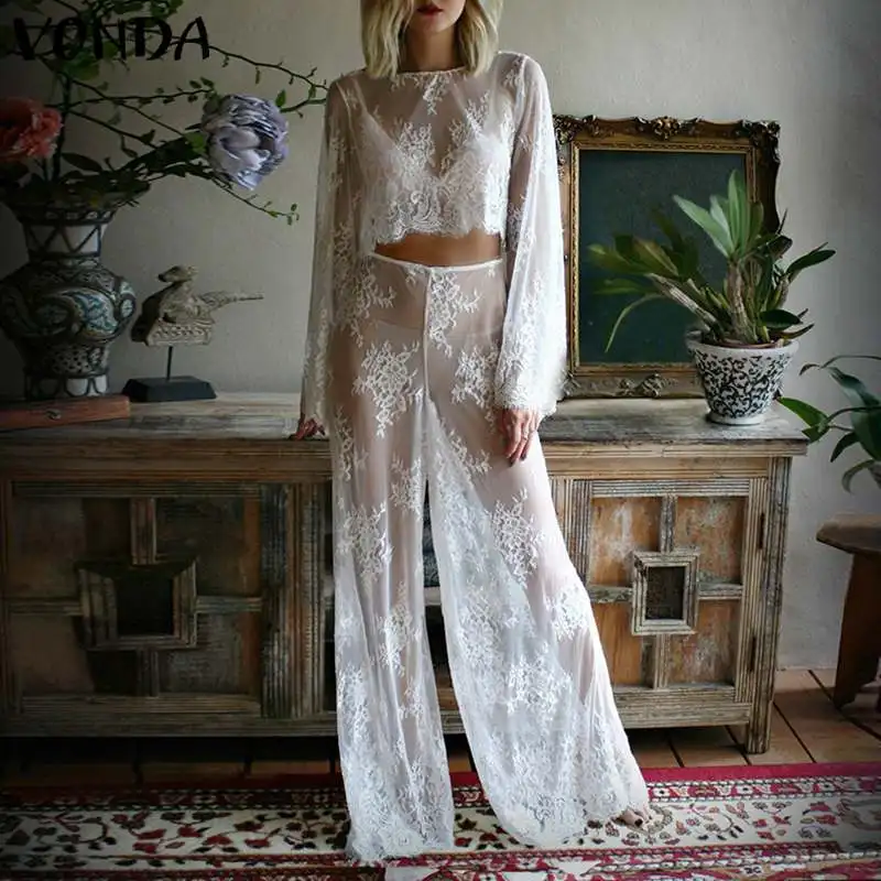 

VONDA Sexy See-through Net 2 Peice Set Women Summer White Lace Top Full-Length Pants O Neck Long Sleeve Beach Set Plus Size