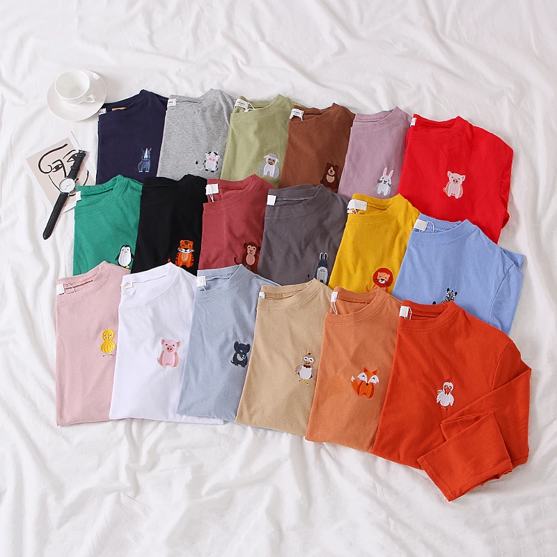 

Funny Cartoon Animal Embroidery Tee Shirt Femme Harajuku Vintage Cotton Streetwear Casual Candy Kawaii Female Tee Shirts Tops