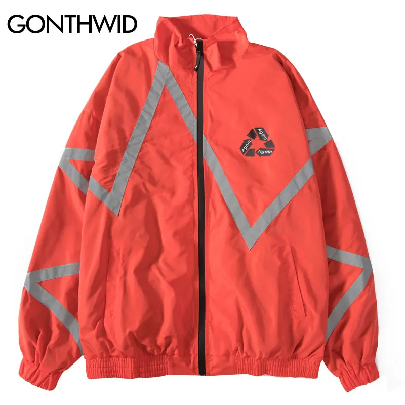 GONTHWID 3M Reflective Striped Zip Up Windbreaker Track Jackets Men Hip Hop Casual Outwear Jacket Coats Male Fashion Tops