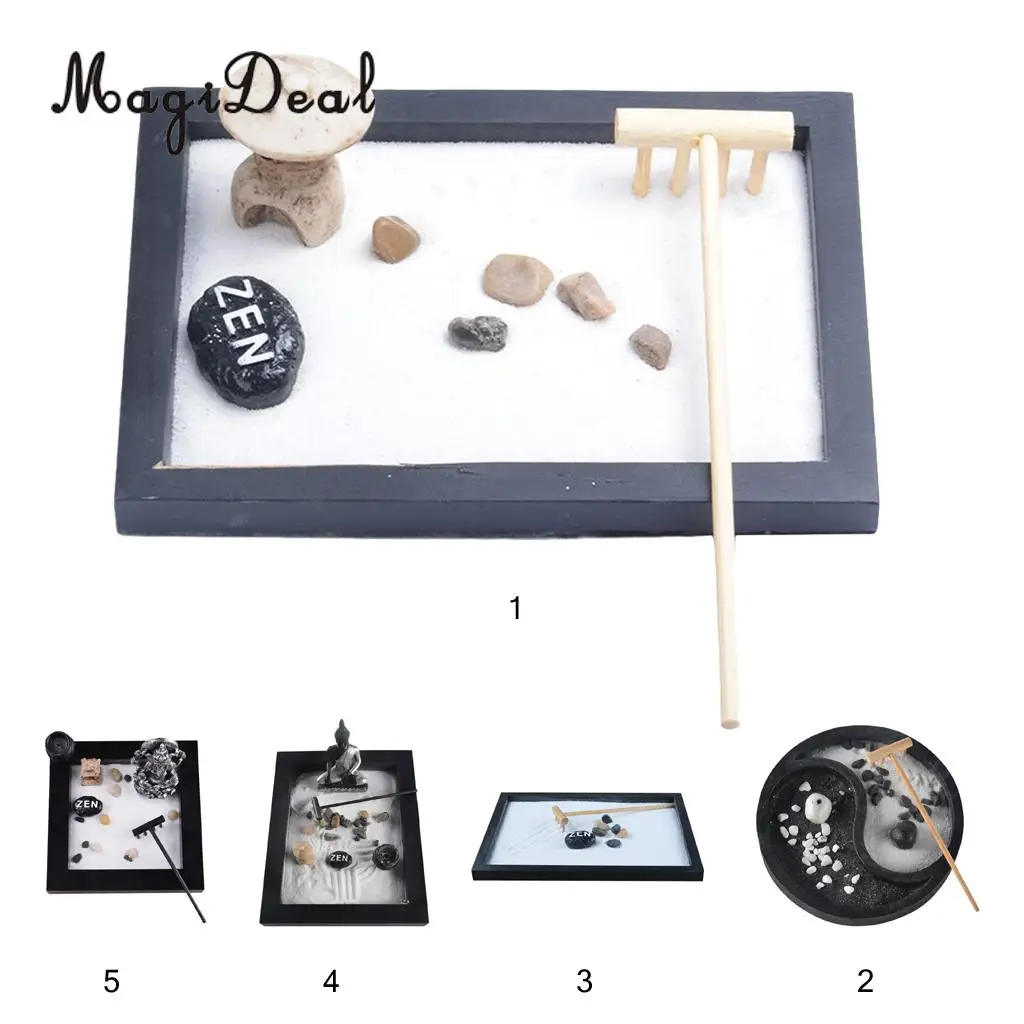 MagiDeal Japanese Zen Garden Sand Tray Buddha Stones Fengshui Meditation Landscape Ornament Home Club Pub Bar