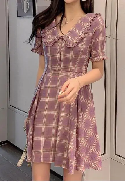 Вечерние платья для свиданий, лидер продаж, женская одежда в японском стиле, дизайнерское ТРАПЕЦИЕВИДНОЕ Плиссированное Платье-рубашка с воротником Питер Пэн, фиолетовое платье в клетку, винтажное платье 6126 - Цвет: cute dress