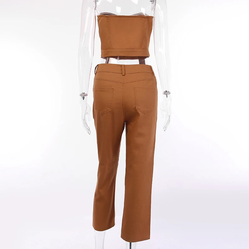 Новое поступление, летние штаны без бретелек, повседневный Женский комплект из двух предметов, модный сексуальный топ на пуговицах и штаны, обтягивающие тонкие джинсы