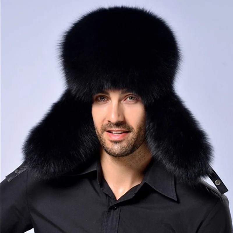 

Russian Leather Bomber Leather Hat Winter Autumn Fashion Men Warm Fur For Men's Cap Outdoor Solid Thicken Earflap Cap Solid Hats
