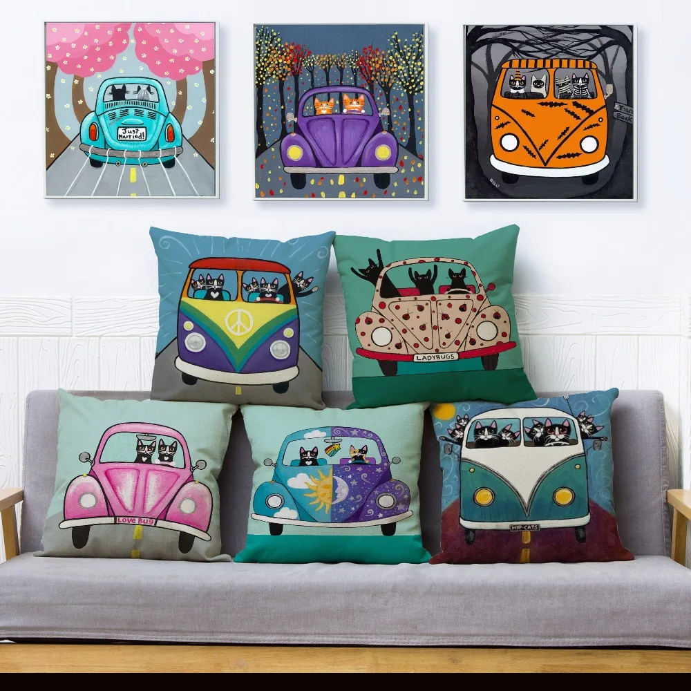 

Ryan Conners Cute Cartoon Drive Car Cat Print Throw Pillow Cover 45*45 Cushion Cover Linen Pillow Case Home Decor Pillows Cases