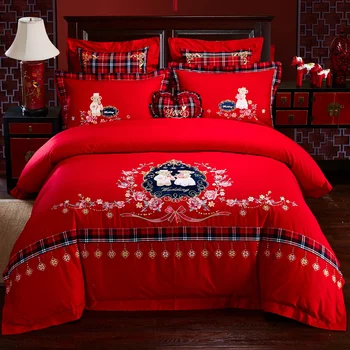 

4/7pcs Red Luxury wedding bedding sets golden Embroidery bed set queen king size duvet cover bedspread set pillowcase