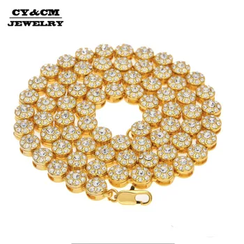 

CY&CM 10mm Men's Hip Hop Iced Out Link Necklace 1 Row Flower Round Shape Gold Rapper Bling CZ Rhinestone Chain Punk Jewelry 30"