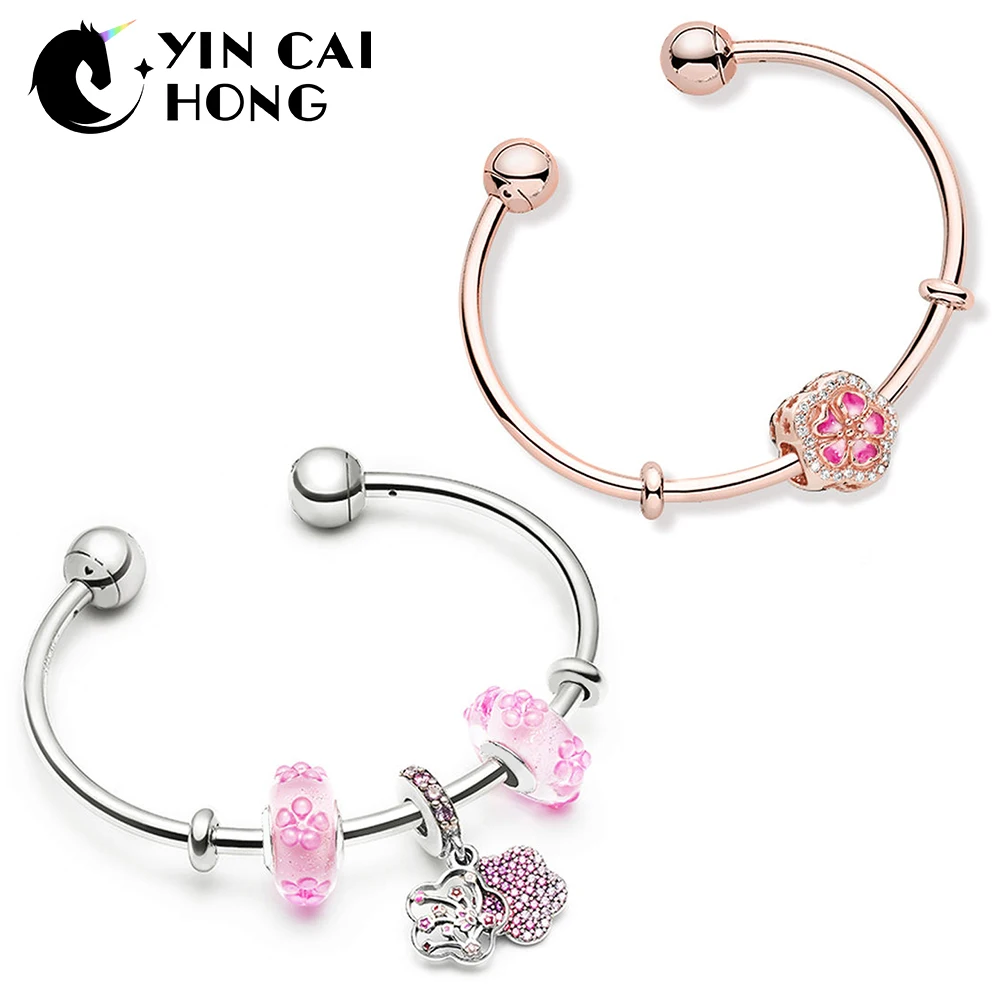 

YCH 100% 925 Sterling Silver Flower Open Sometimes Bracelet Set Peach Full Flower Fragrance Rose Gold Open Bangle Gift Set