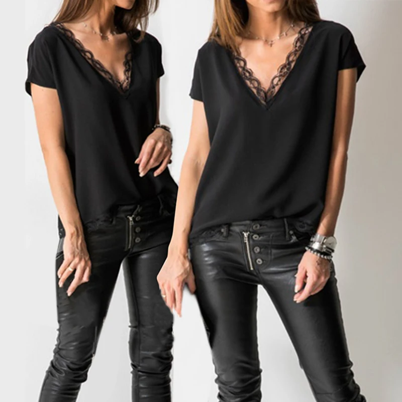XL Women's Shirt 2019 Summer Sexy V-Neck Tops Women Casual Black Lace Patchwork Blouse Harajuku Tops Femme Blusas Shirt And Tops