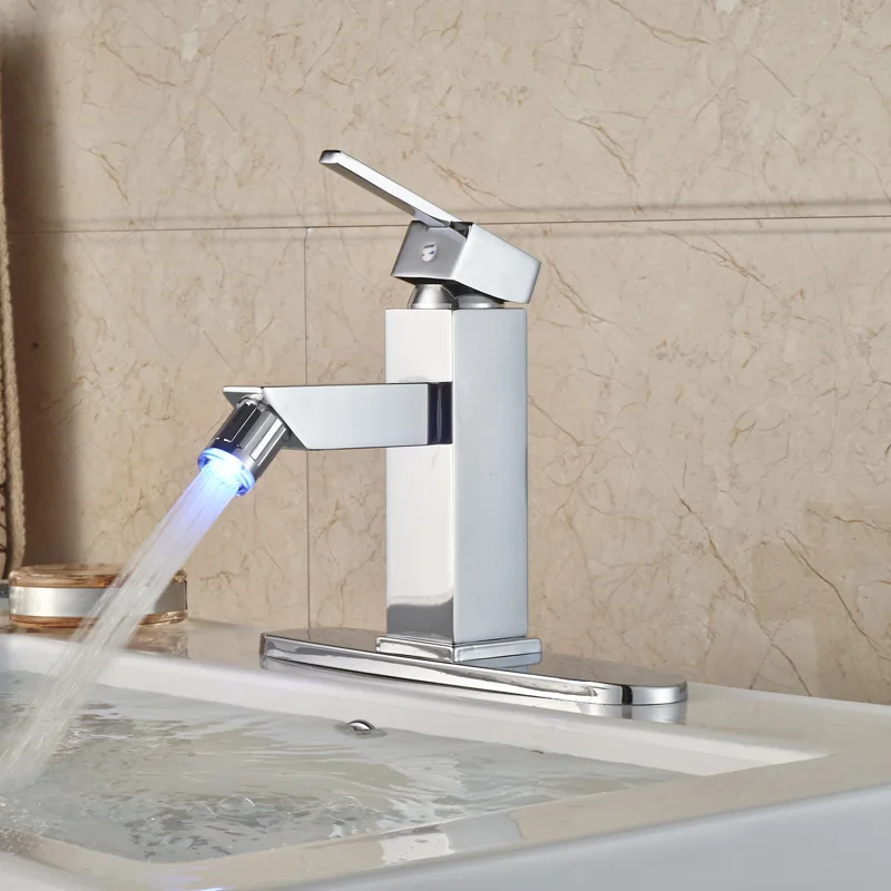 Free Shipping Deck Mount Brass Basin Faucet Single Handle LED Light Bidet Mixer Tap Hole Cover