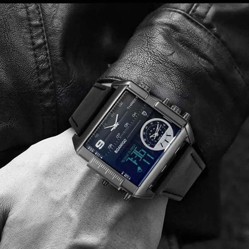 

BOAMIGO Men Boys Sports Watches 3 Time Zone Leather Rectangle Male Clock Digital Wristwatches