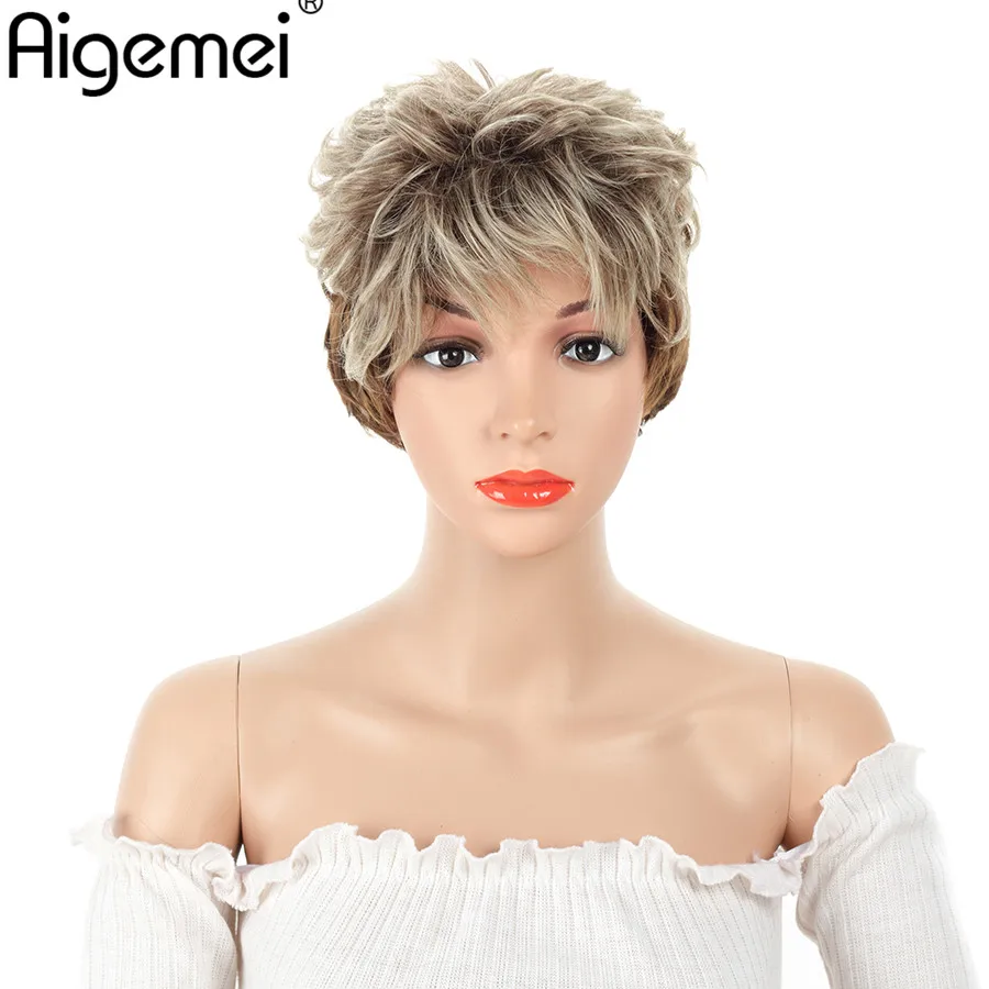 

Aigemei 3 Inch Short Body Wave Wig With Bangs Ombre 613 To Brown Wigs Synthetic Hair For Woman Cosplay Wigs