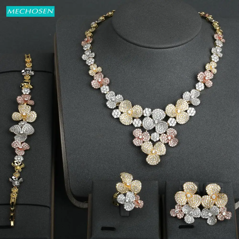 

MECHOSEN Gorgeous 3 Tones Wedding Set Shiny Exquisite Flower Zircon Necklace Earrings Ring Bracelet Set For Bride Best Gifts Set