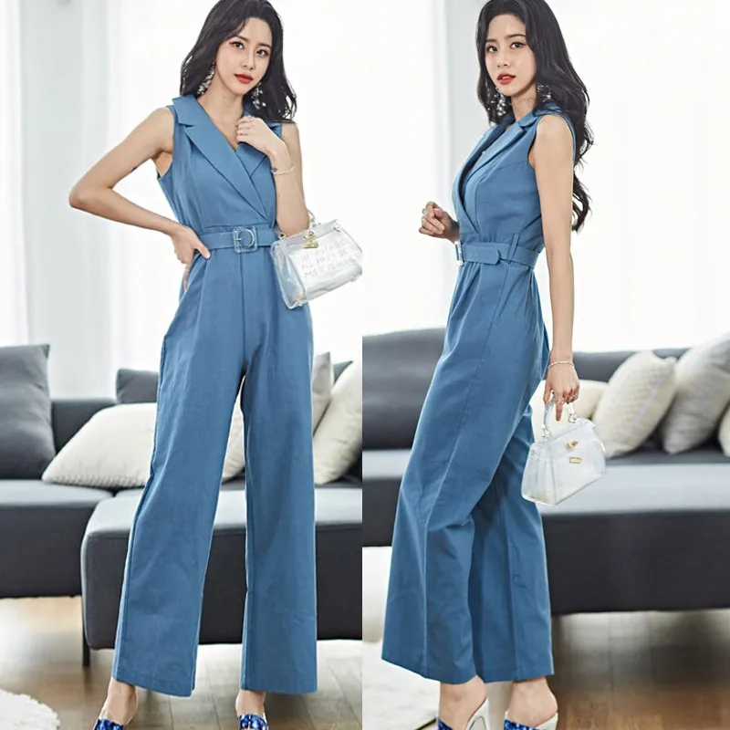 

Office Lady Style Elegant Women Spring Summer Romper Female Overalls with Belt Fashion Jumpsuit