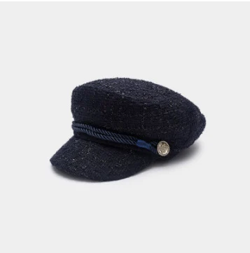 Осенне-зимняя новая шапка с гусиным язычком, яркая шелковая темно-синяя кепка, женская тонкая британская восьмиугольная береты, женские зимние шапки - Цвет: Navy blue