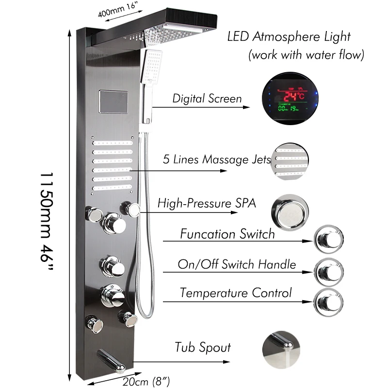 Discount JIENI LED Bathroom Shower Faucet Temperature Digital Display Shower Panel Body Massage System Jets Towel Shower Column Faucet 1