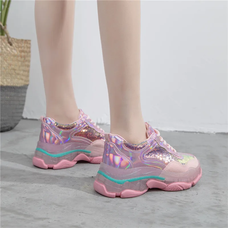 Обувь с блестками; женские кроссовки на массивной платформе; zapatos de mujer; обувь с блестками; chaussures femme; Брендовая женская обувь в стиле пэчворк; дышащая обувь