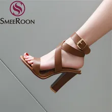 Smeeroon/Большие размеры 34-48; Летние босоножки; женские туфли на высоком квадратном каблуке с пряжкой; элегантные женские вечерние туфли; женские сандалии-гладиаторы