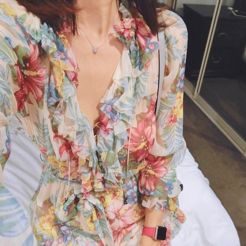 

Australia Designer Brand Jumpsuits for Women Tropical Flower Printed Ruffles Chiffon Holiday Playsuits