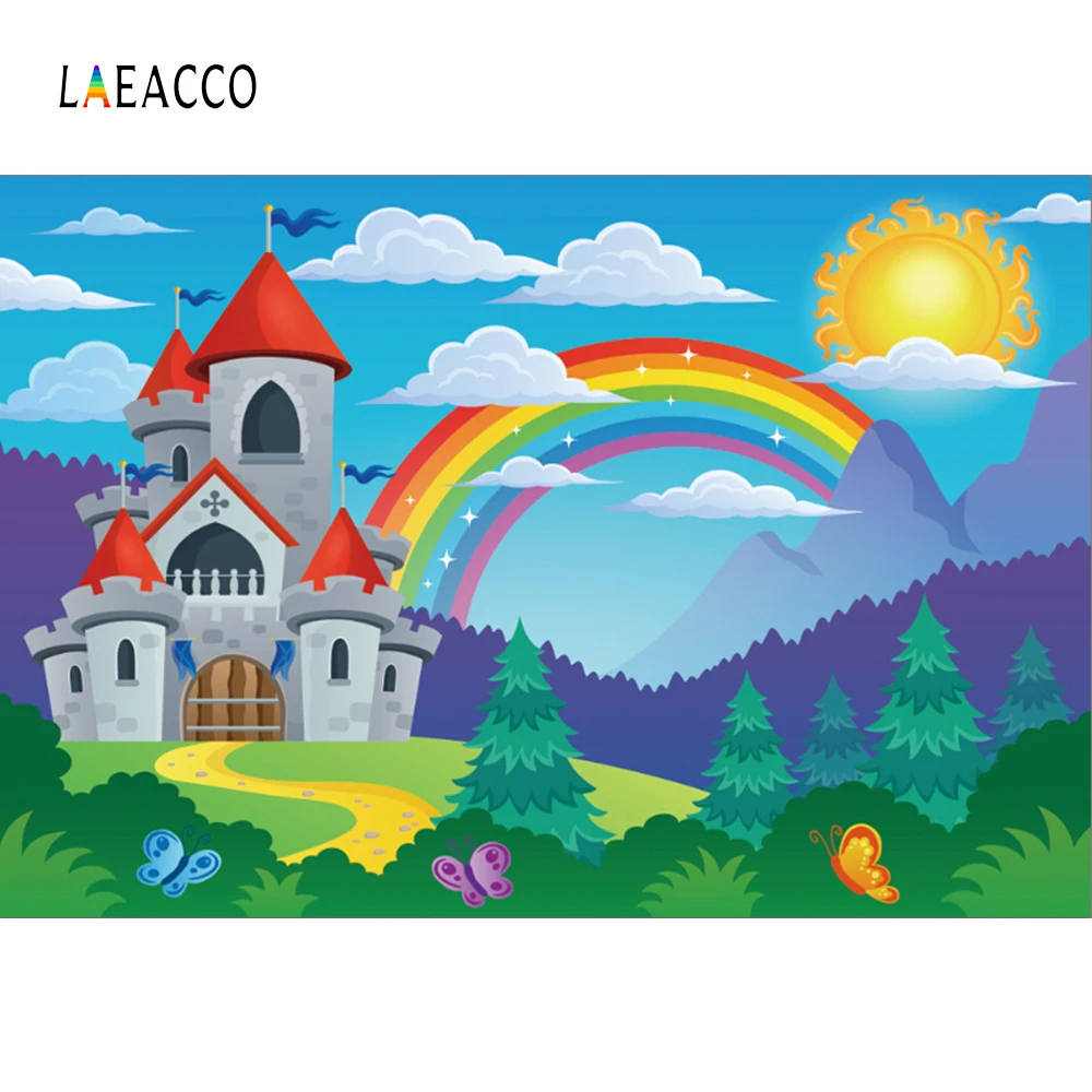 

Laeacco Rainbow Castle Baby Cartoon Sun Cloud Tree Portrait Pattern Photo Backgrounds Photography Backdrops For Photo Studio