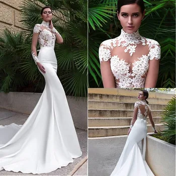 MEJOR COMPRA ❤️ Vestidos de novia elegantes de sirena con cuello alto y apliques de encaje, manga larga, corpiño transparente, 2019 - discount item 50% OFF Bodas y eventos