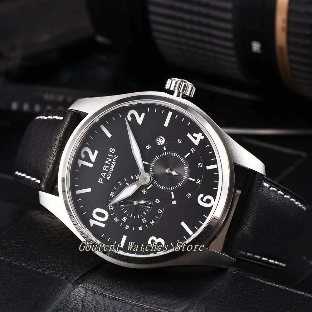 

44mm Parnis Date Wristwatch White Marks Black Dial 21 Jewels Miyota Automatic Watch