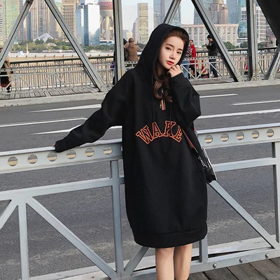 L-3XL New Fall Winter Women Letter Print Loose hoodies Dress Girl streetwear Trend Fashion Long Style Pullovers Sweatshirts - Цвет: Black