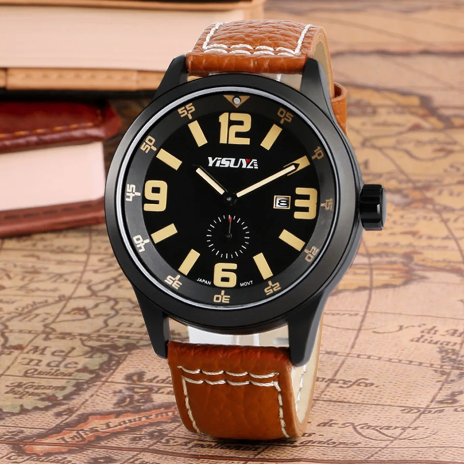 YISUYA Men's Sports Watch Luxury Date Genuine Leather Brown Wrist Watches Male Pilot Military Japan Quartz Watch Relojes  (10)