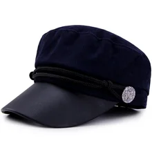 Женская винтажная Вельветовая шляпа Militaly с предварительно изогнутым кожаным козырьком плоский верх нейлоновая веревка Кнопка армейский кепи почтальон Кепка темно-синий