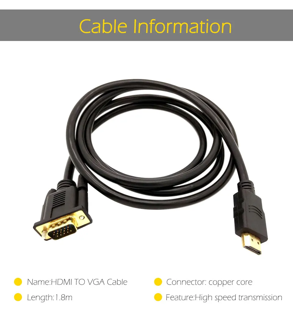 1.8m HDMI to VGA Adapter Cable Male To Male Video VGA Connector Cables for HD Player TV Projector Computer 15 pin Data cable (4)