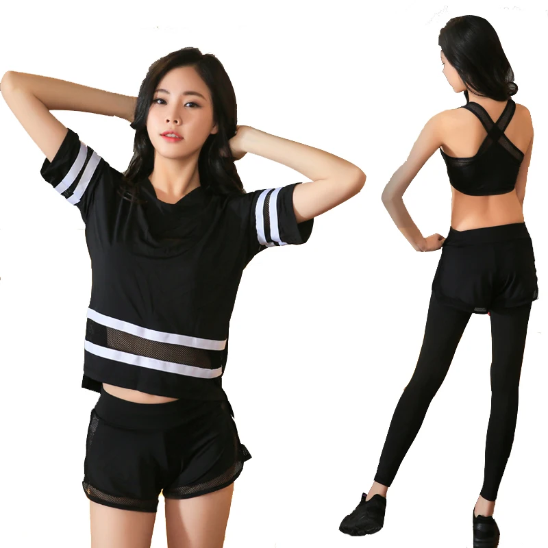 

New Plus Size Women Yoga Set Women Fitness T-shirt Running Tights Breathable Exercise Sports Bra Outdoor Striped Mesh Sport Suit