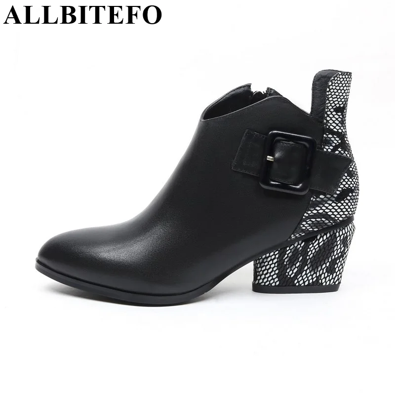 

ALLBITEFO full genuine leather pointed toe thick heel buckle women boots fashion brand high-heeled winter boots botas femininas