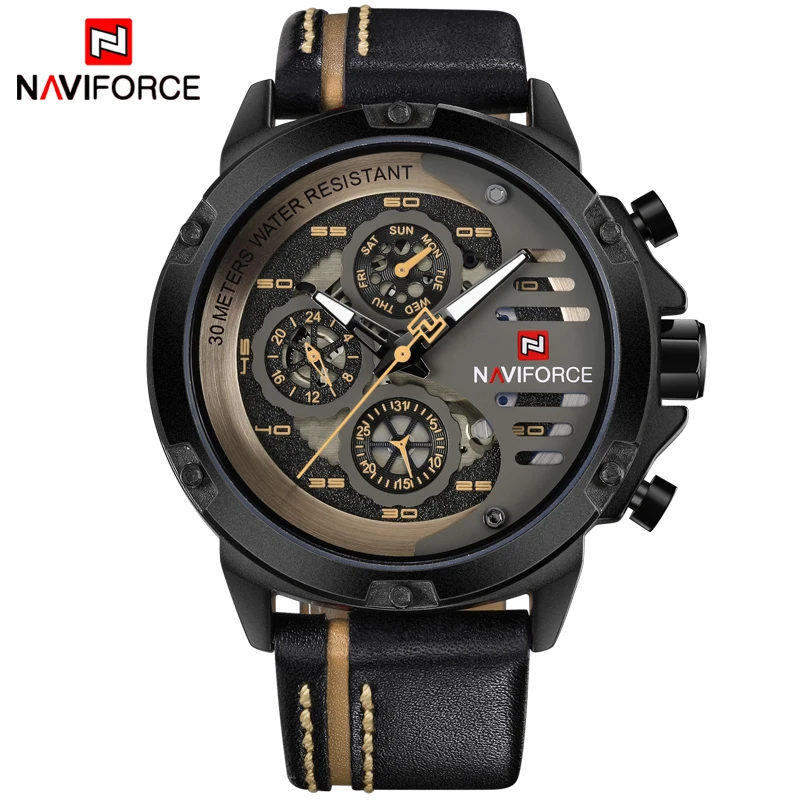 Billig NAVIFORCE Luxus Marke Uhren Männer Sport Leder 24 stunde Datum Quarzuhr Mann Wasserdichte Uhr männer Armee Militär Handgelenk uhr