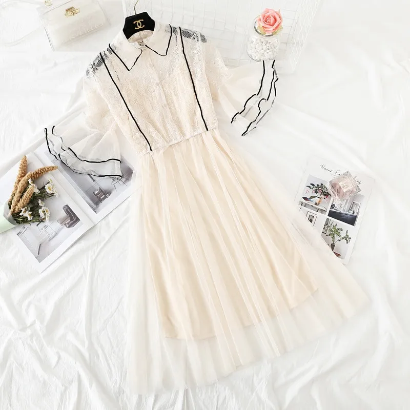 

Two Piece 2018 Summer Autumn Women Long Dresses Sweet Hollow Out Lace Dress Ladies Short Sleeve Ruffles Mesh Dress Vestidos A908