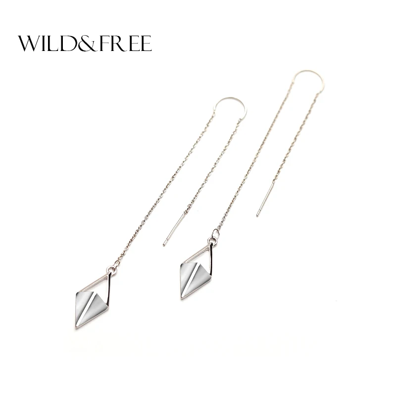 

Women Zinc Alloy Silver Rhombus Pendant Long Ear Line Drop Earrings Europe Punk Long Line Dangle Earring Jewelry