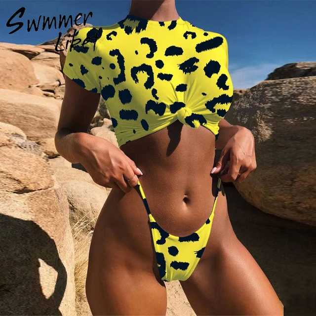 {Excellent|Wonderfull|Very Good|Very Recommended} Knot crop top bikini 2019 Leopard swimwear women bathers Yellow push up swimsuit female T-shirt thong bikini sexy bathing suit Discount Offers