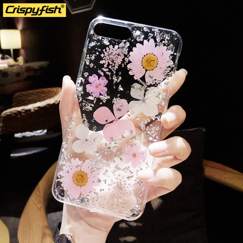 

Crispyfish Glitter Flower Transparent Soft TPU Silicone Case For iPhone 7 8 Plus Pink Cover Cases For iphone 6 6s X XR XS MAX