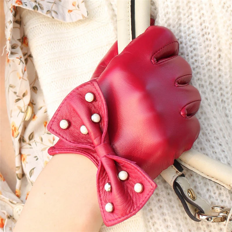 2019 NEW Women's Genuine Leather Gloves Female Fashion Elegant Sheepskin Gloves Wrist Bow knot Nylon Lined L119NN-1