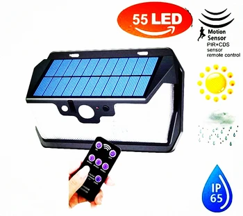 

55 LED 900lm Solar Light remote control radar smart 3 side lighting outdoor l IP camp street wall lamp yard ca