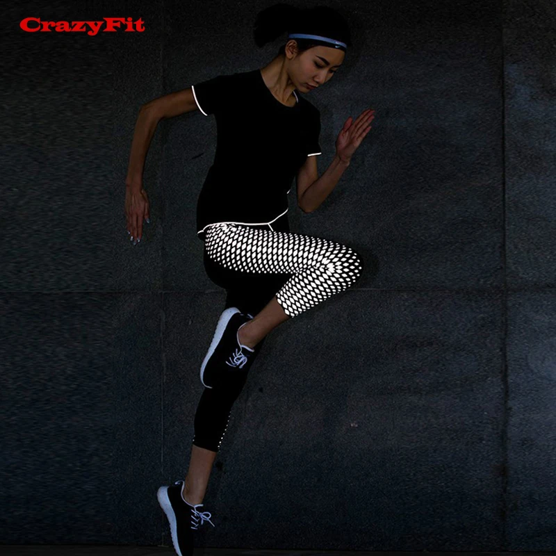 

CrazyFit Sports Woman Fitness Yoga Reflection Night Running Tights Compression Leggings Elastic Waist Patchwork Woman Pants 2017
