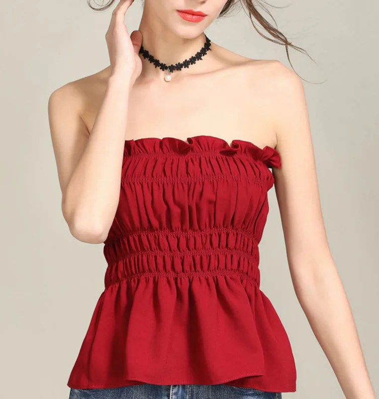 Summer Korean version of Slim fashion ruffle strapless short tanks Sexy