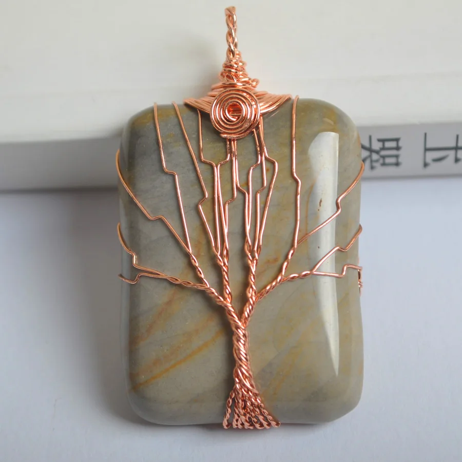 

Tree of Life Wire Wrap Rectangle Handmade Natural Stone Gray Ocean Jaspe Pendant Bead 1Pcs K2035