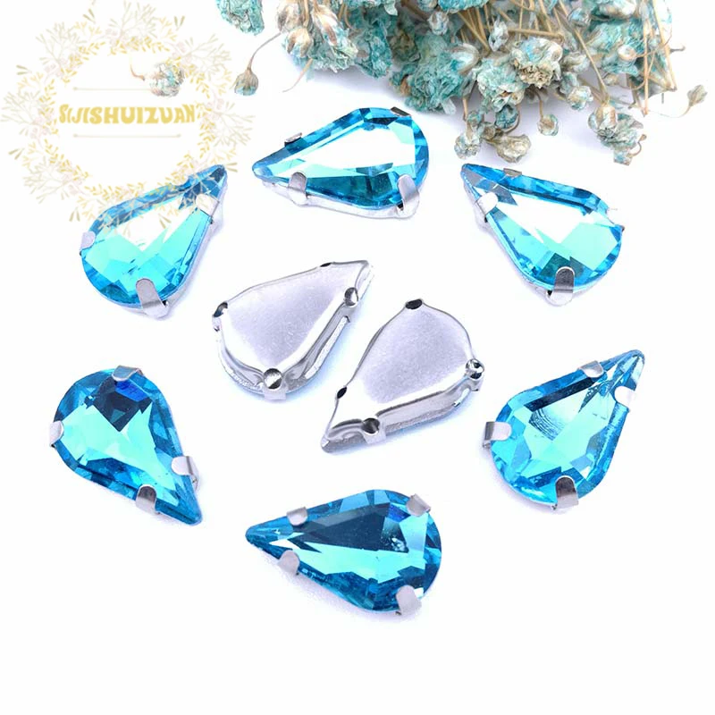 New ! Turquoise blue fine Water drop Crystal Glass Sew on Rhinestones