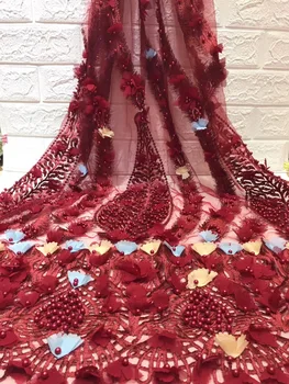 

African red lace wedding dress, beaded lace applique, 3D fabric flower Nigeria lace fabric Z28761