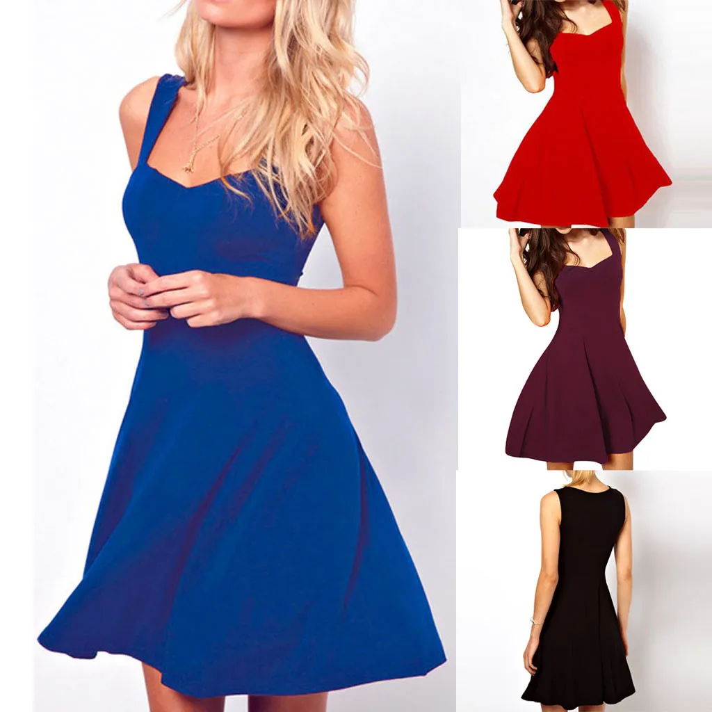 

Fit And Flare Solid Dress Elegant Straps Sleeveless Plain A Line Dresses Women Summer Autumn Mini Short Dress