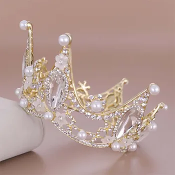 

FORSEVEN Korean Gold Simulation Pearls Glitter Crystal Tiaras and Crowns Princess Queen Women Bridal Bride Wedding Hair Jewelry