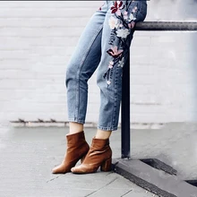 Женские джинсовые брюки бойфренда с цветочной вышивкой, джинсы длиной до щиколотки, обтягивающие джинсовые брюки, повседневные Прямые джинсы с высокой талией, большие размеры