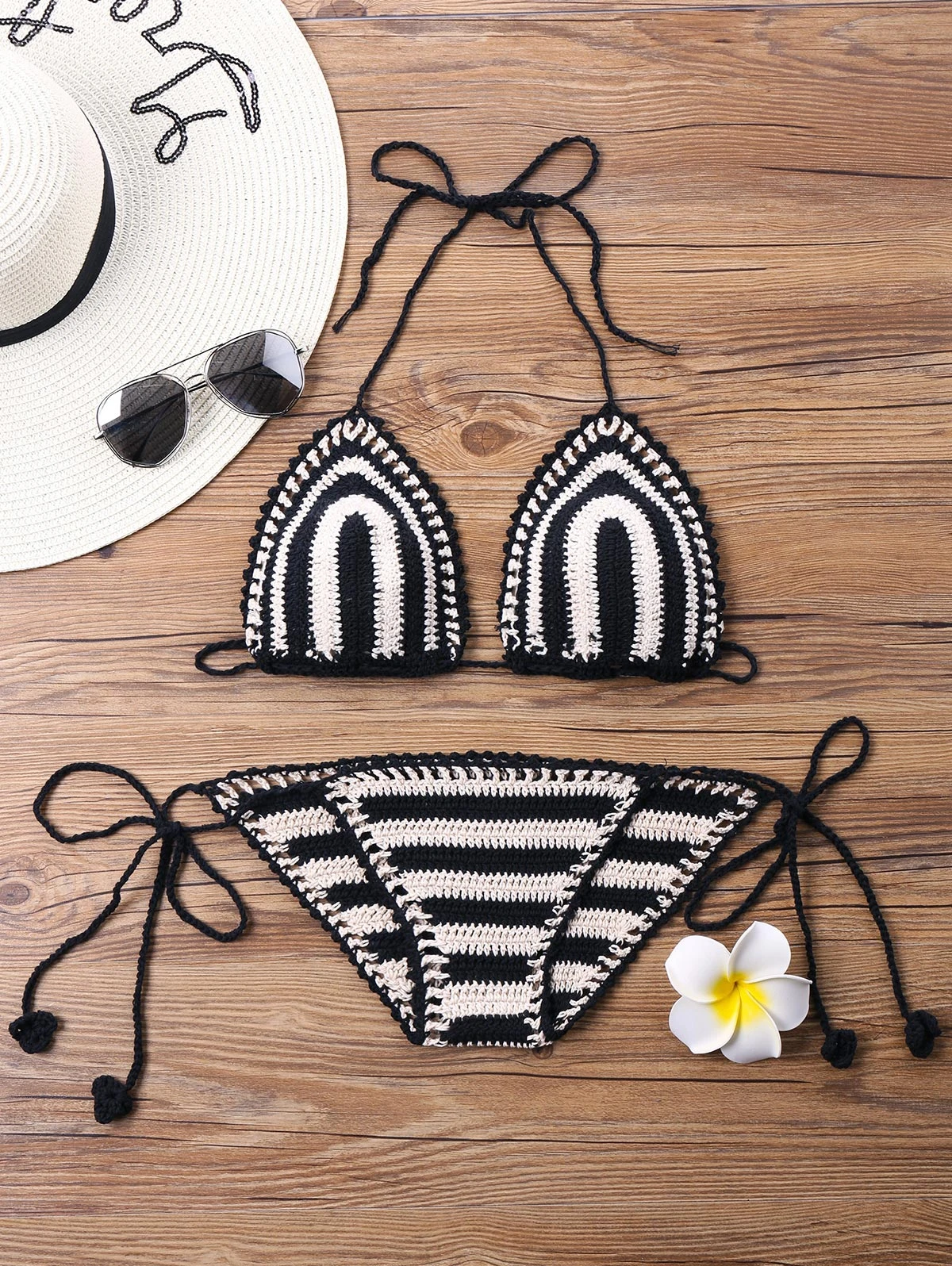 

Stripe Crochet Halter Bikini Set