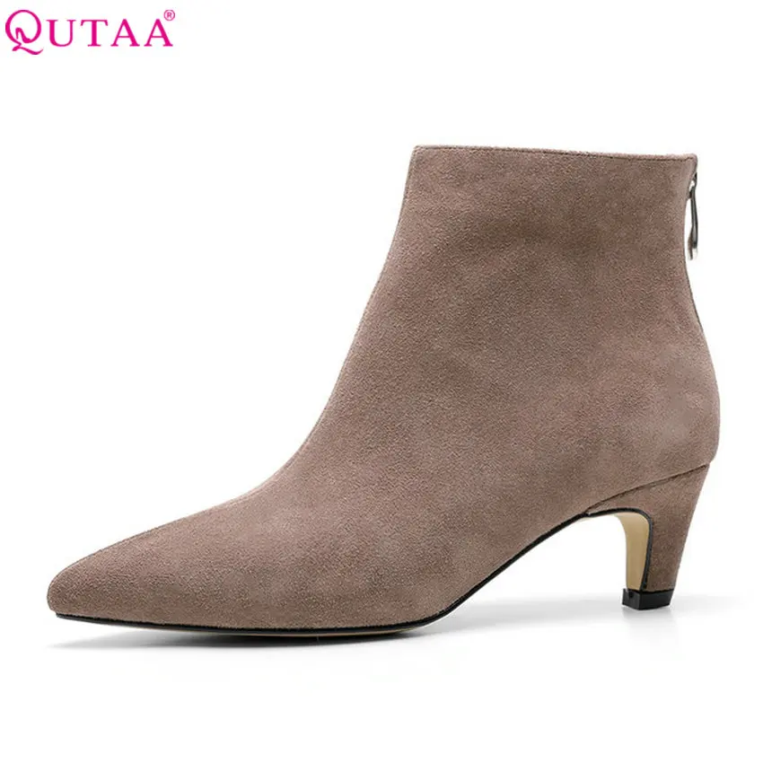 

QUTAA 2019 Women Ankle Boots Cow Suede Pointed Toe Black Winter Boots Fashion Women Shoes Casual Women Boots Size 34-43