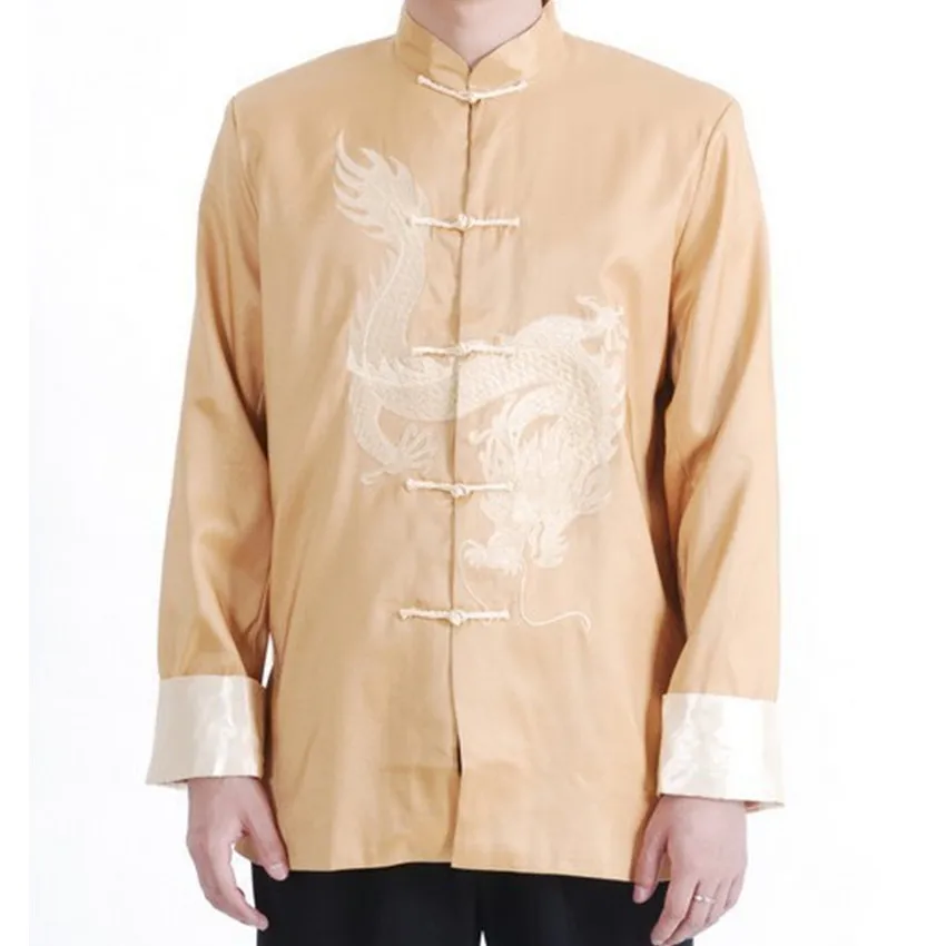 Gold New Spring Chinese Men's Silk Satin Embroidery Jacket Coat with
